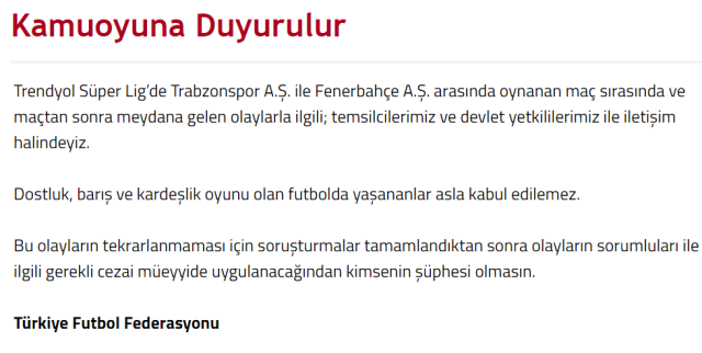 TFF'den olaylı maç sonrası ilk açıklama: Gerekli cezaların uygulanacağından kimsenin şüphesi olmasın