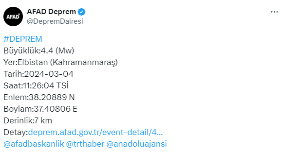 Kahramanmaraş'ta 4.4 büyüklüğünde deprem! Sarsıntı çevre illerde de hissedildi