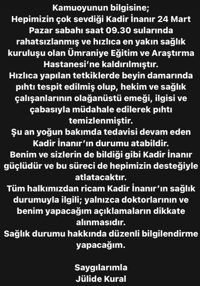 Kadir İnanır'ın sağlık durumuyla ilgili hayat arkadaşından açıklama: Pıhtı temizlendi