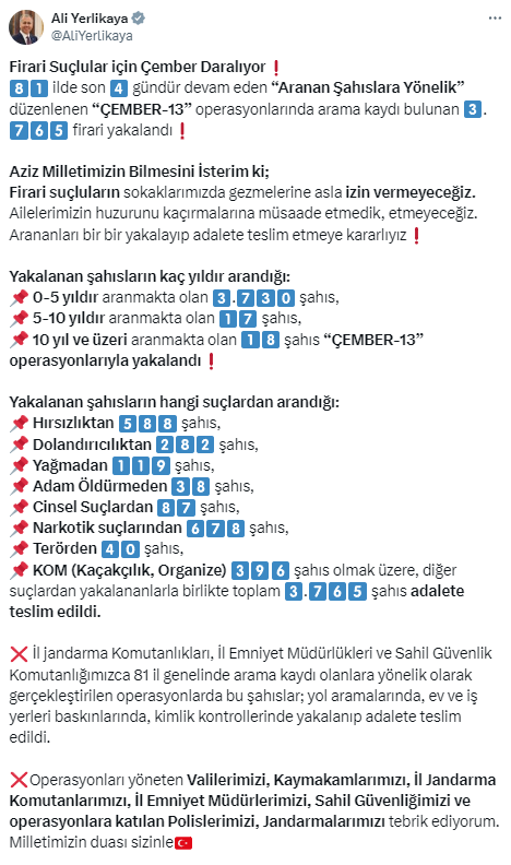 81 ilde dev operasyon! Arama kaydı bulunan 3 bin 765 firari yakalandı