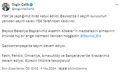 YSK, Beykoz'da yeniden sayım kararını geri çekti! Mazbata CHP'li adaya verilecek