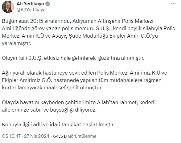 Adıyaman'da bir polis, karakolda meslektaşlarına silahla ateş açtı: 2 polis şehit oldu