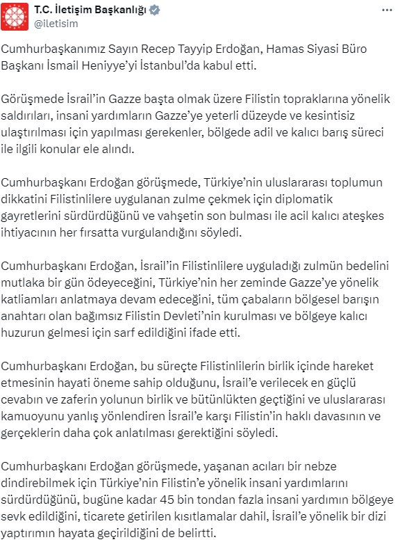 İsrailli bakandan hadsiz paylaşım! Hamas lideri Heniyye ile görüşen Cumhurbaşkanı Erdoğan'ı hedef aldı