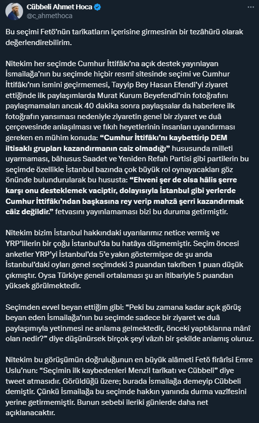 Cübbeli Ahmet Hoca'dan yerel seçim değerlendirmesi: FETÖ'nün tezahürü olarak değerlendiriyorum