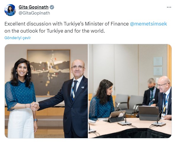 IMF Başkan Yardımcısı, Mehmet Şimşek ile fotoğraf paylaştı: Mükemmel sohbet