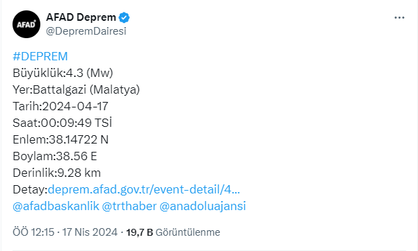 Malatya'da gece yarısı 4,3 büyüklüğünde deprem meydana geldi