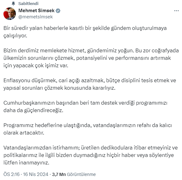 Şimşek: Enflasyonu tek haneye düşürmek temel hedef, programımız hedefe ulaştığında vatandaşımızın refahı artacak